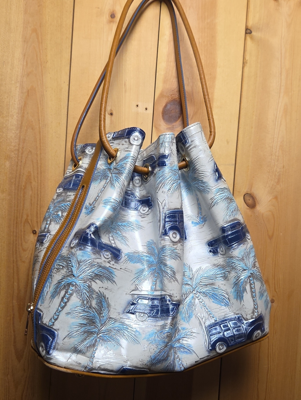 Brahmin Blue Palm-Print Bucket Shoulder Bag with Tan Handles